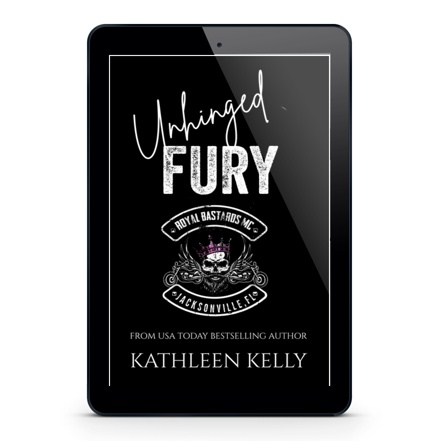 A black tablet device centered on a light gray background, displaying the book cover for 'Unhinged Fury' by Kathleen Kelly.