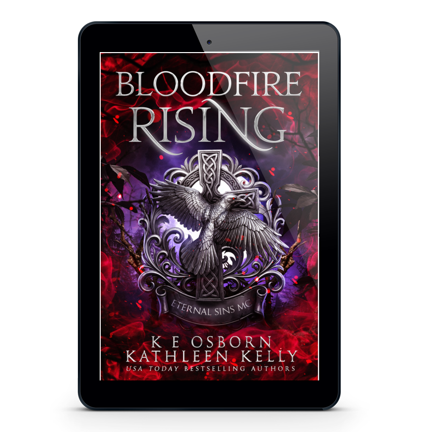 A tablet device centered on a light gray background, displaying the book cover for 'Bloodfire Rising' by K. Osborn and Kathleen Kelly.