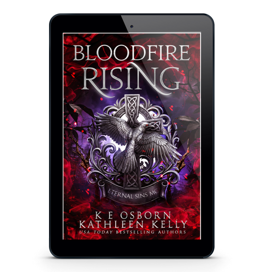 A tablet device centered on a light gray background, displaying the book cover for 'Bloodfire Rising' by K. Osborn and Kathleen Kelly.