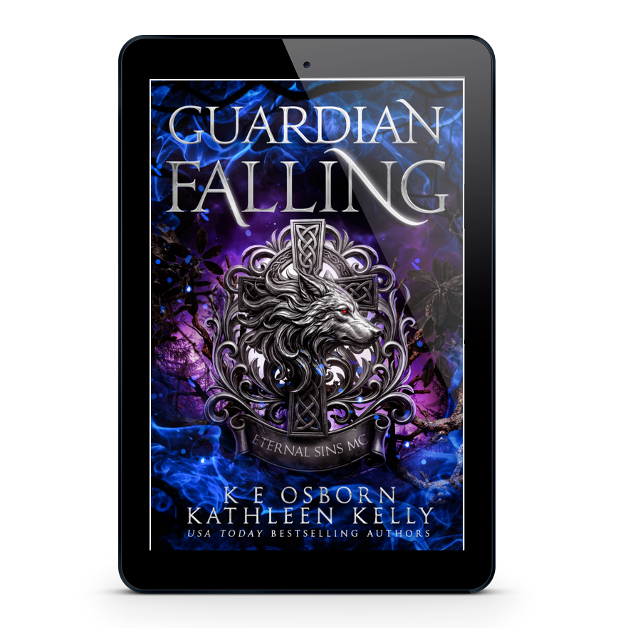 A tablet device centered on a light gray background, displaying the book cover for 'Guardian Falling' by K.E Osborn and Kathleen Kelly.