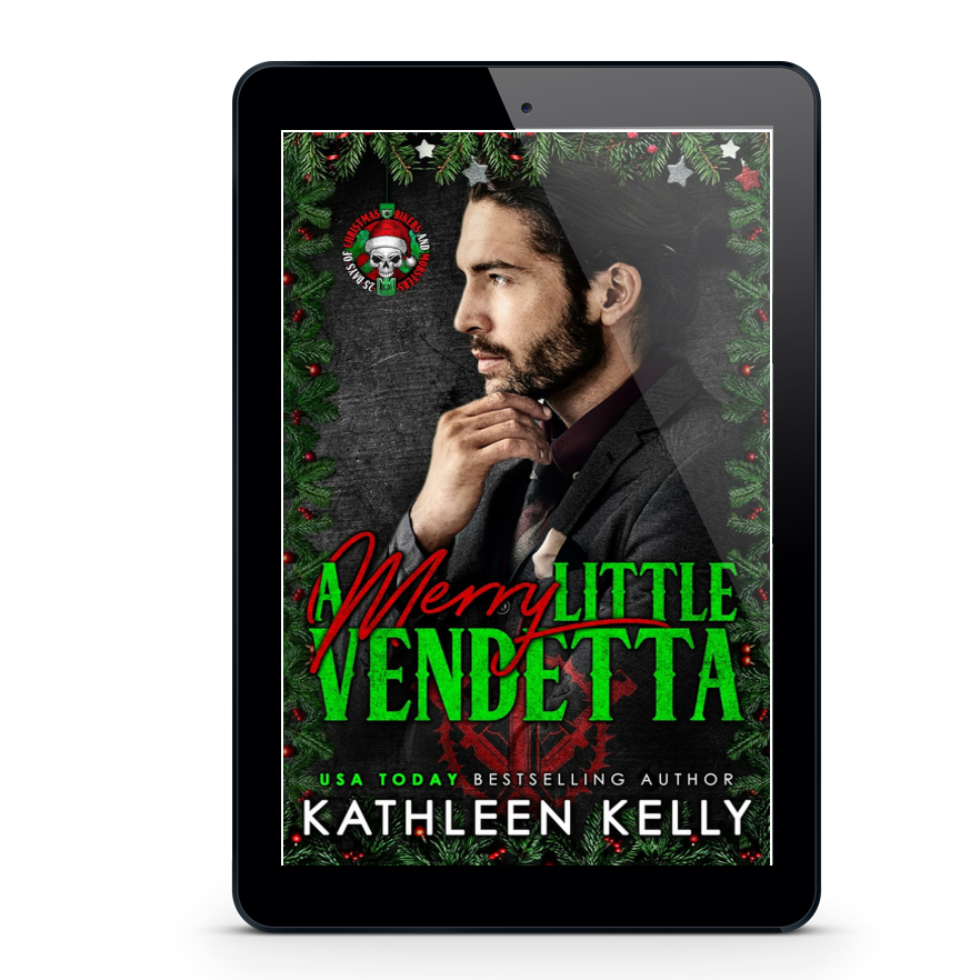 Ebook cover of 'Merry Little Vendetta' by Kathleen Kelly on a tablet screen.
