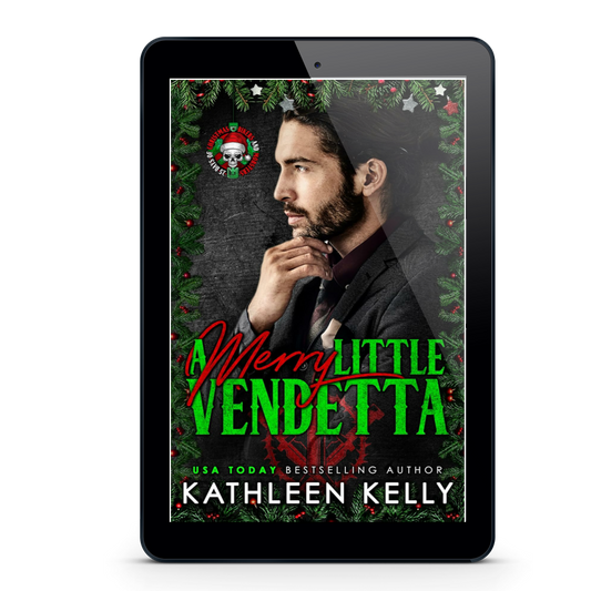 Ebook cover of 'Merry Little Vendetta' by Kathleen Kelly on a tablet screen.