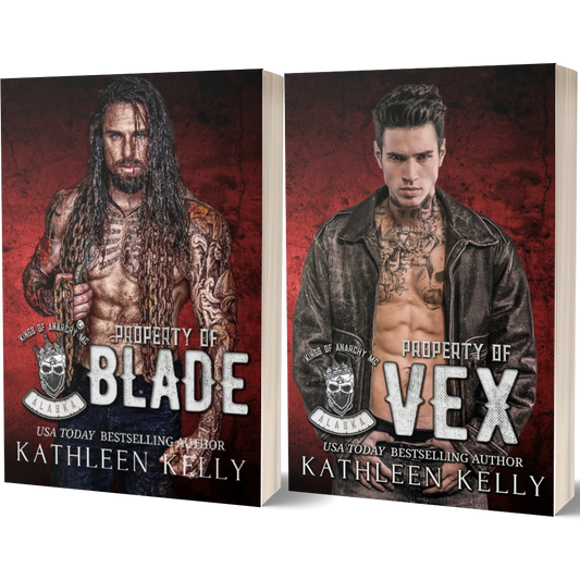 Two book covers titled 'Property of Blade' and 'Property of Vex' by Kathleen Kelly on a white background.