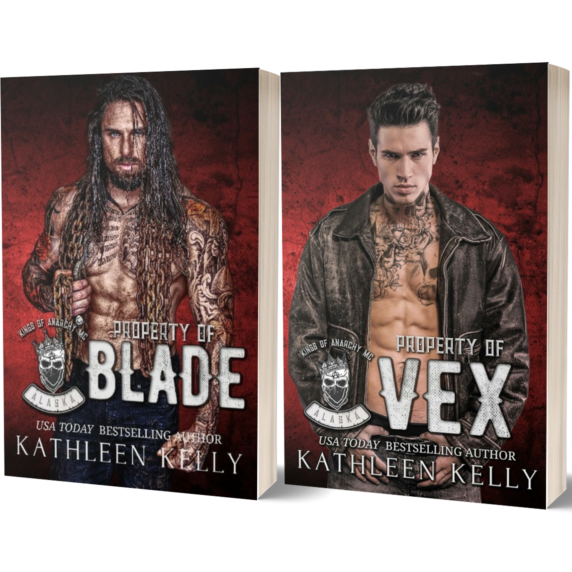 Two book covers titled 'Property of Blade' and 'Property of Vex' by Kathleen Kelly on a white background.