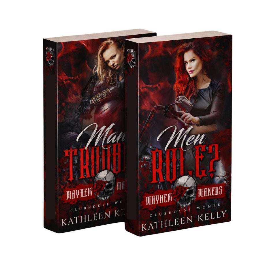 Two books titled 'Man Trouble' and 'Men Rule' by Kathleen Kelly on a white background