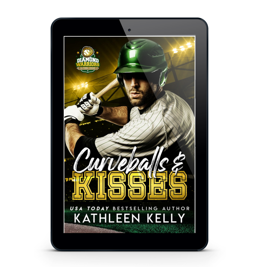 Ebook cover of 'Curveballs & Kisses' by Kathleen Kelly on a tablet screen.