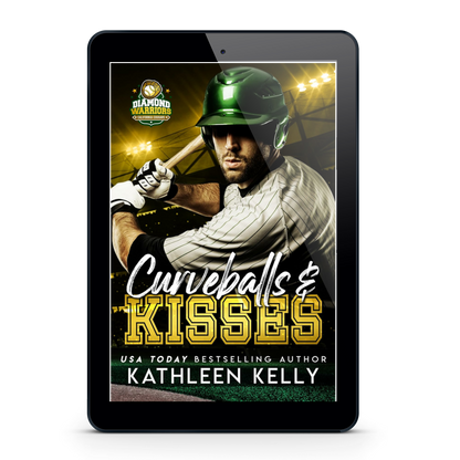 Ebook cover of 'Curveballs & Kisses' by Kathleen Kelly on a tablet screen.