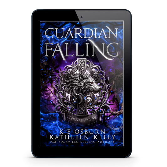 A tablet device centered on a light gray background, displaying the book cover for 'Guardian Falling' by K.E Osborn and Kathleen Kelly.
