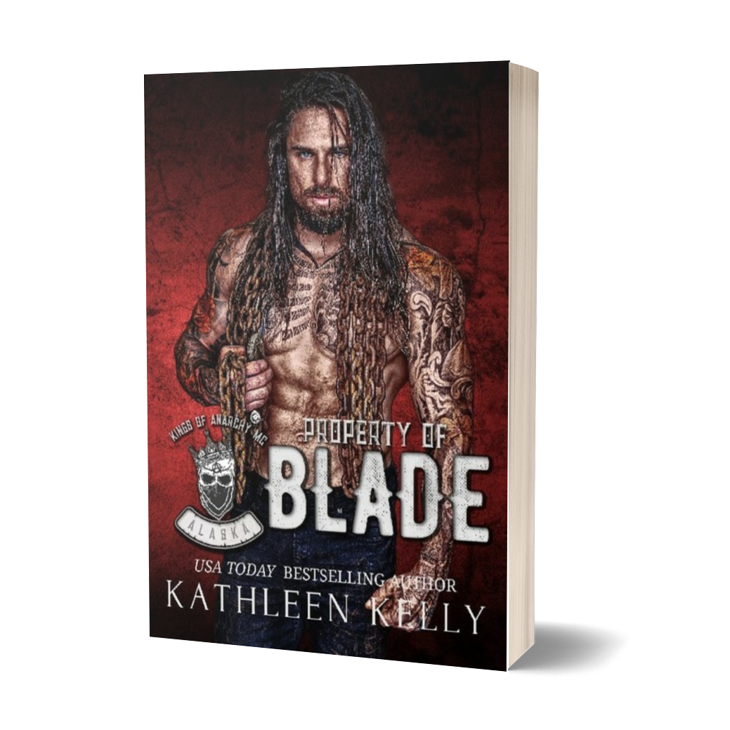 Book cover of 'Property of Blade' by Kathleen Kelly with a red background and tattooed character.