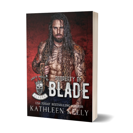 Book cover of 'Property of Blade' by Kathleen Kelly with a red background and tattooed character.