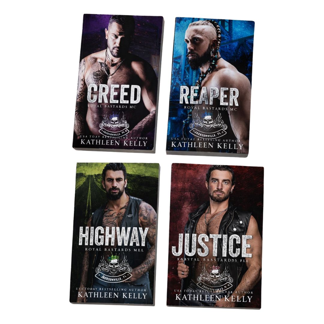 Four book covers featuring a muscular man with different titles and cover designs.