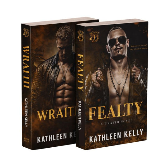Two book covers of 'Wraith' and 'Fealty' by Kathleen Kelly on a white background