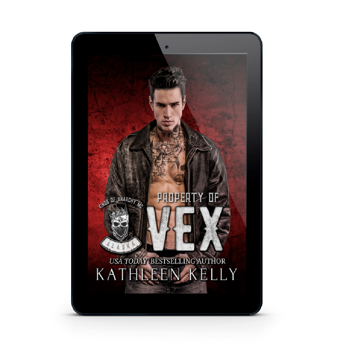 Ebook cover of 'Property of Vex' by Kathleen Kelly on a tablet screen.